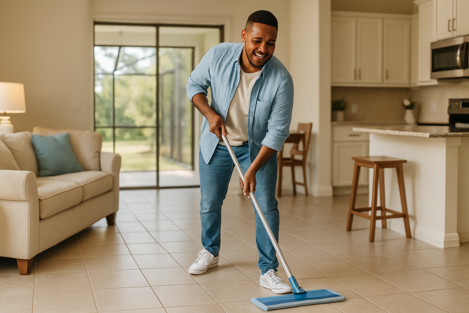 Tampa homeowner using an eco-friendly microfiber mop on tile floors with a screened lanai visible in the background