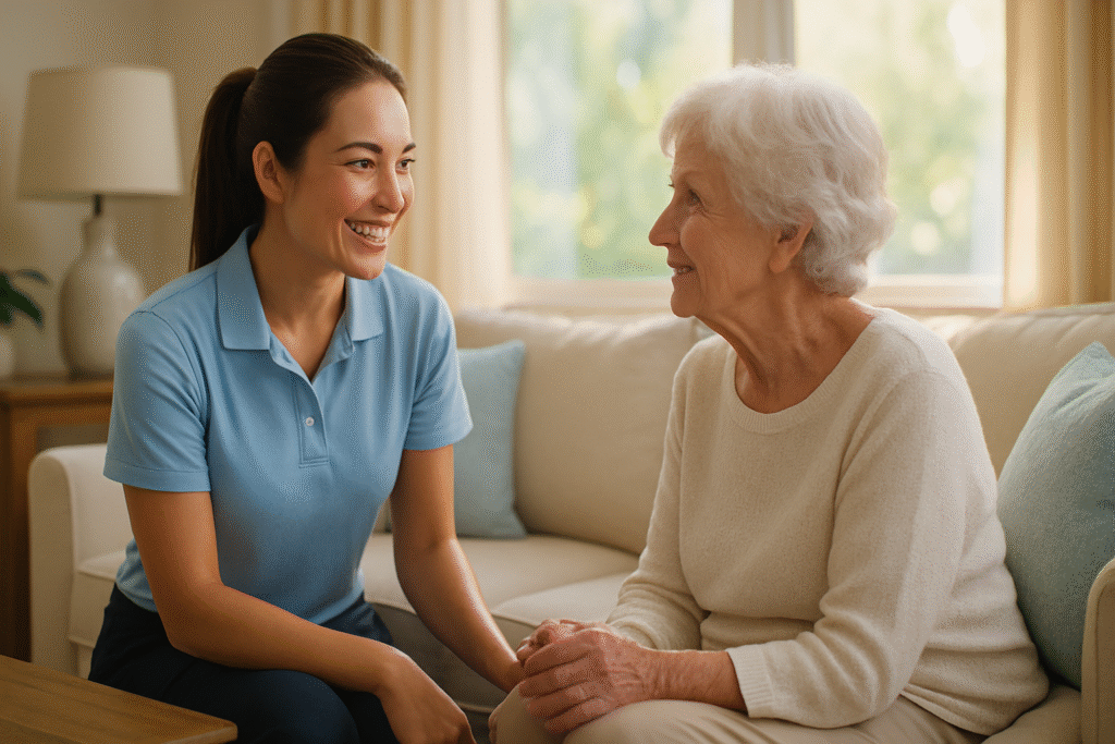 FG7 Cleaning professional warmly assisting a senior Tampa resident at home — trusted senior cleaning service Tampa