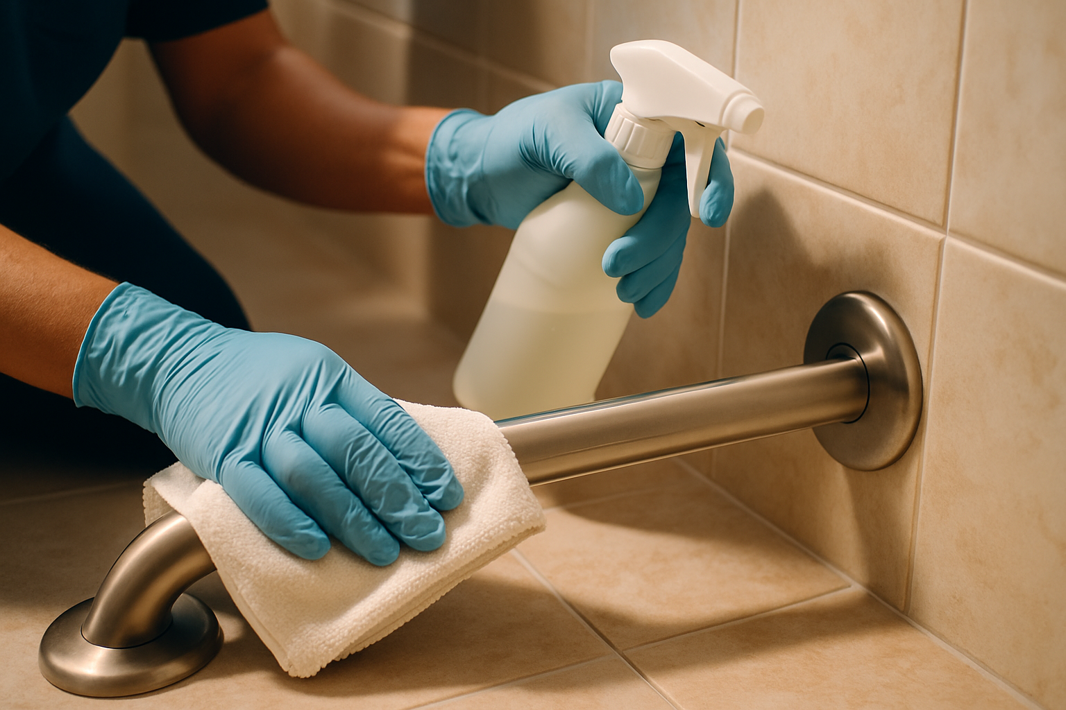 Close-up of a cleaner sanitizing a bathroom grab bar in a Tampa senior's home, reducing fall hazards safely