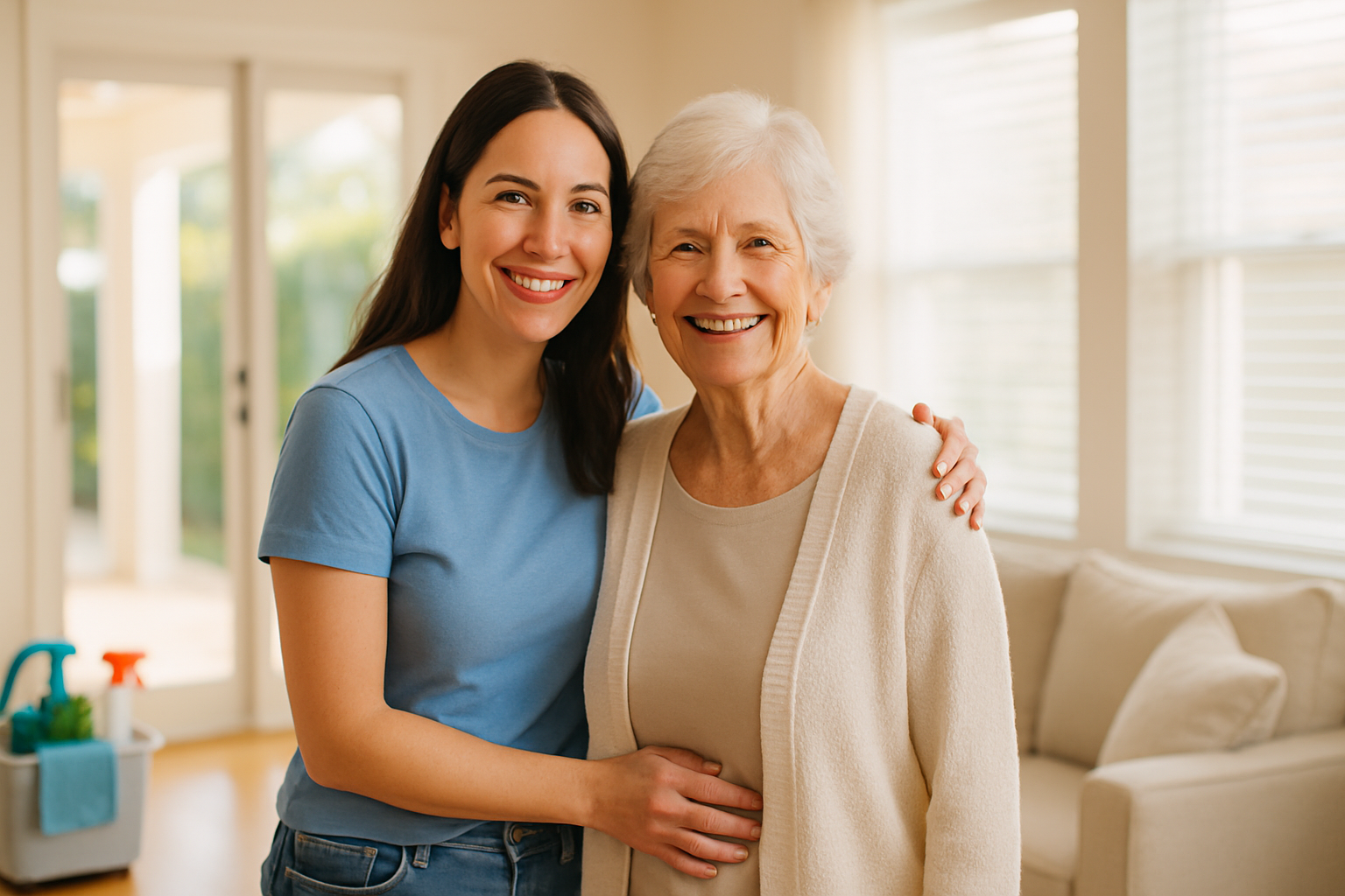 Elderly Tampa Bay resident and her daughter enjoying a freshly cleaned, safe living room after a professional cleaning visit