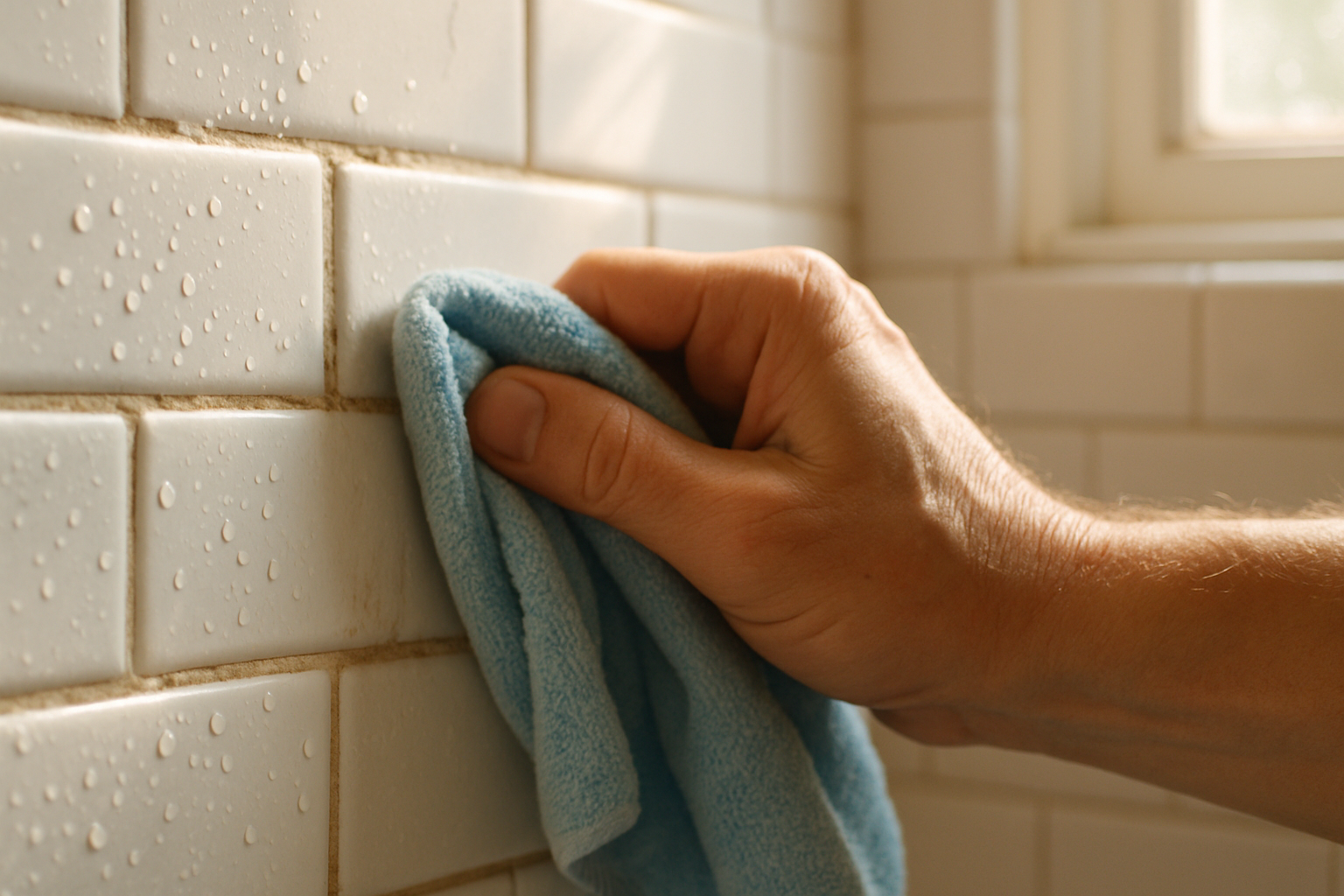 Close-up of vintage subway tile grout being cleaned in a Tampa bungalow bathroom during a professional house cleaning visit
