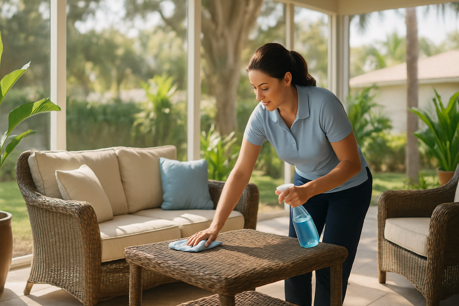 FG7 Cleaning technician wiping down a sunny South Tampa lanai with tropical plants and screen porch during a home cleaning appointment