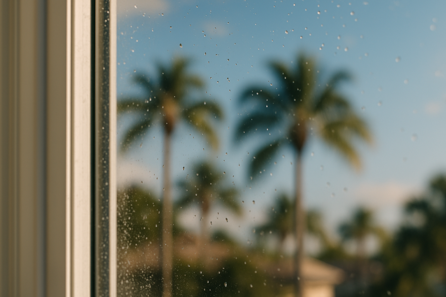 Close-up of crystal-clear window glass reflecting Tampa palm trees after professional cleaning, no streaks or mineral deposits