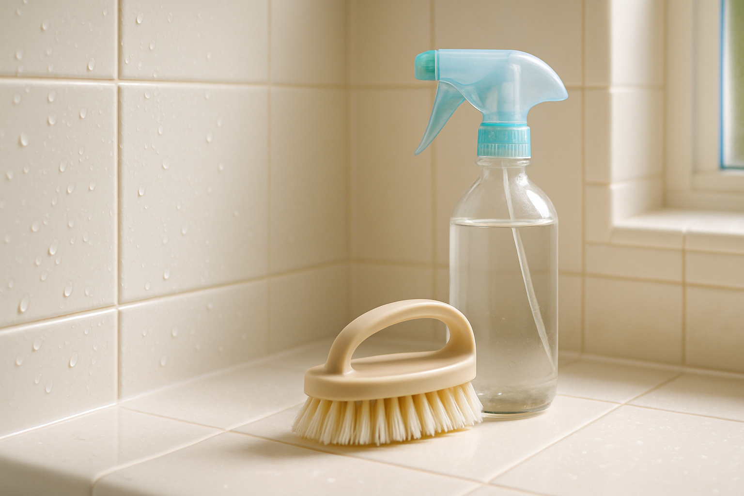 Close-up of freshly cleaned white shower tile grout in a Tampa bathroom after mold and mildew treatment with vinegar solution