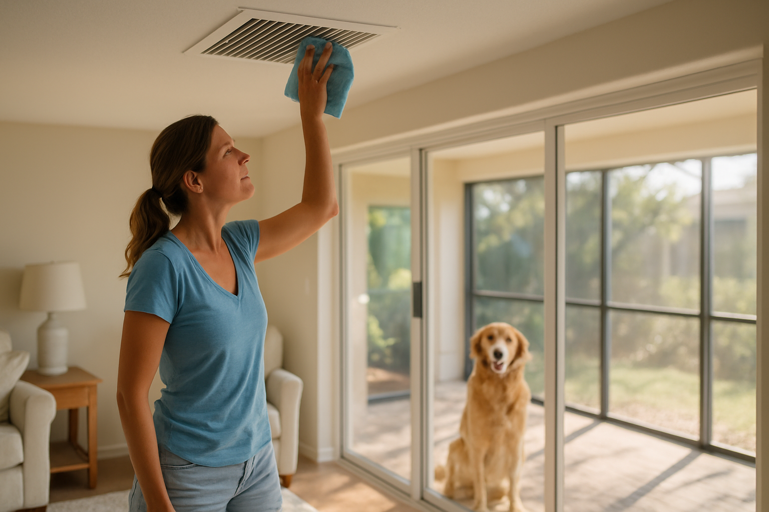 Tampa homeowner wiping AC vent with microfiber cloth during summer cleaning routine with pet dog and lanai visible in background