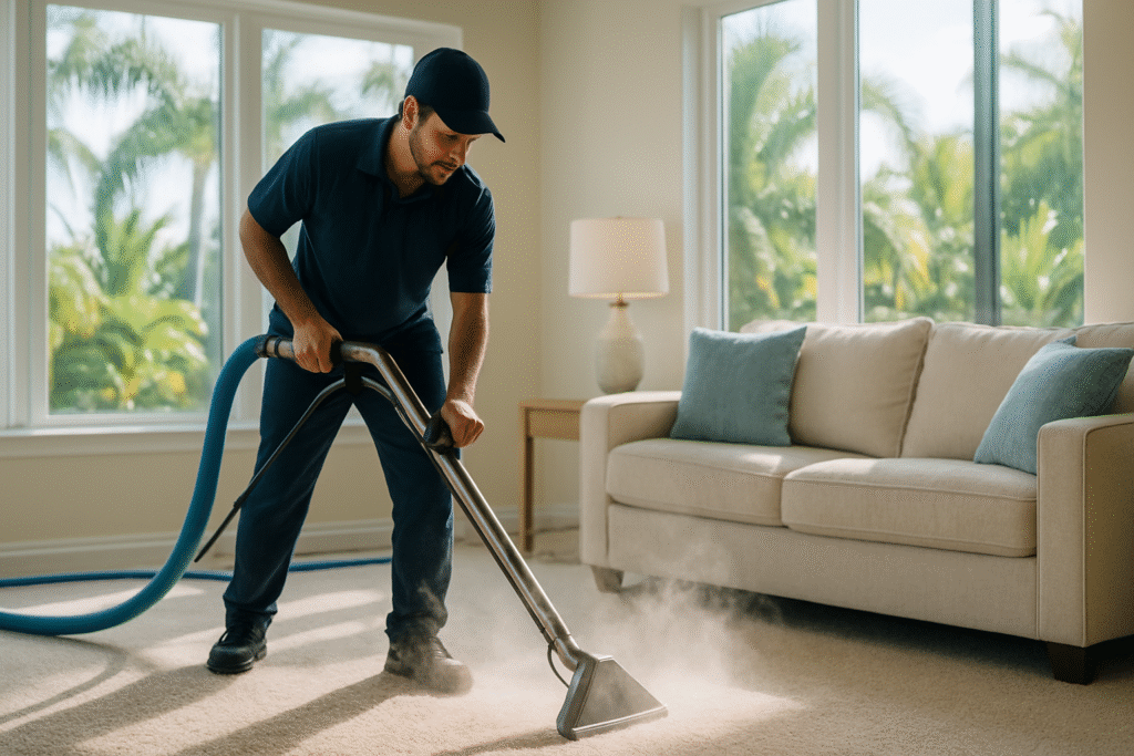 Professional carpet and upholstery cleaning in Tampa home, removing pet odors with expert equipment
