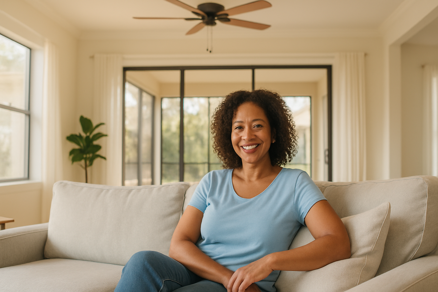 Tampa homeowner relaxing on freshly cleaned sofa after professional pet odor elimination