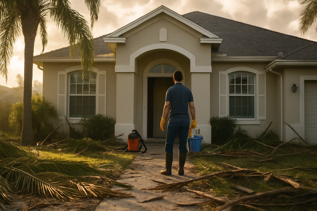 Tampa homeowner beginning post-hurricane cleanup in Tampa Bay, standing at front door with safety gear and cleaning equipment after a storm