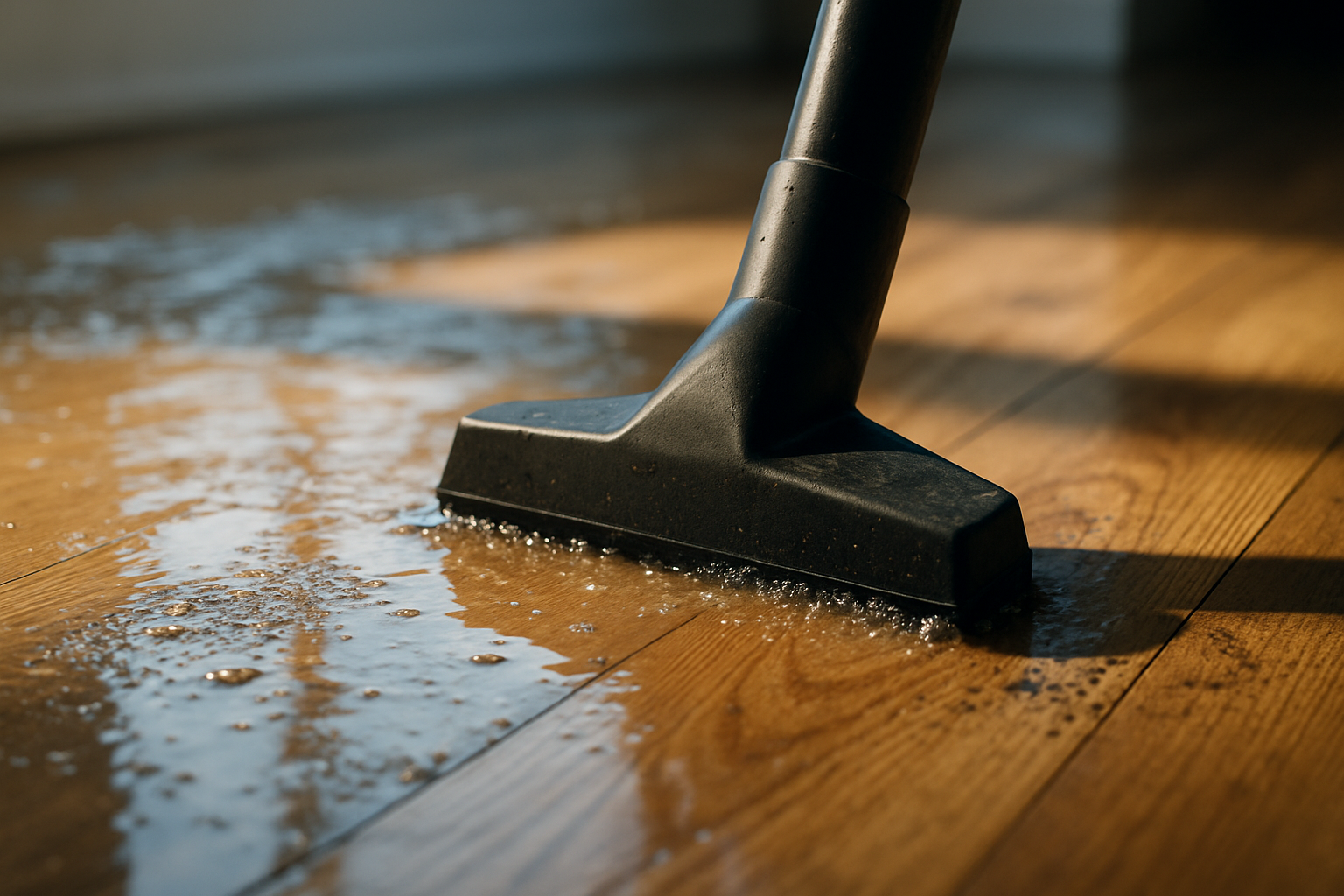 Close-up of floodwater extraction from a water-damaged floor inside a Tampa home after hurricane flooding