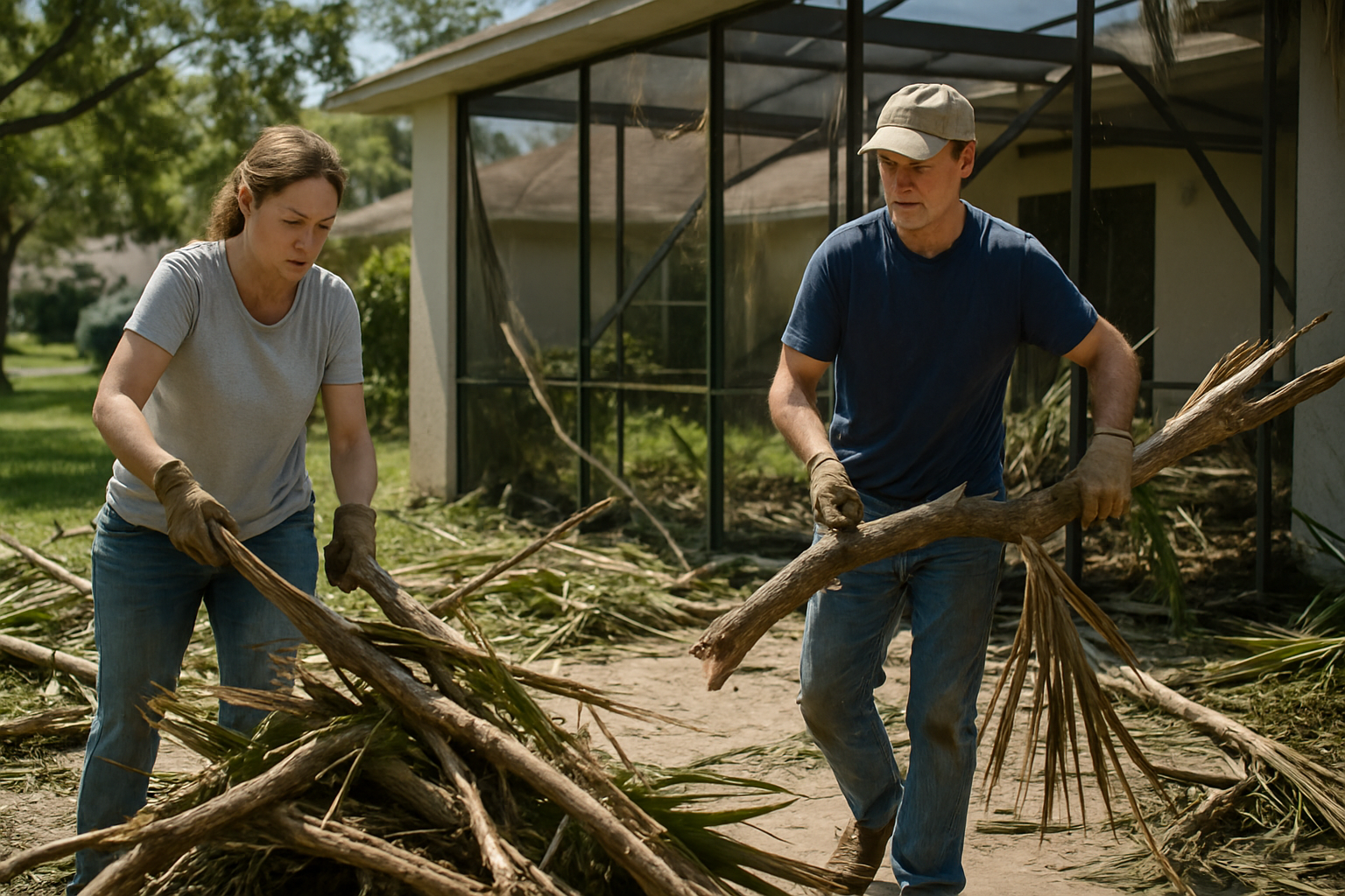 Tampa homeowners clearing hurricane debris from their driveway and lanai screen enclosure after a major storm