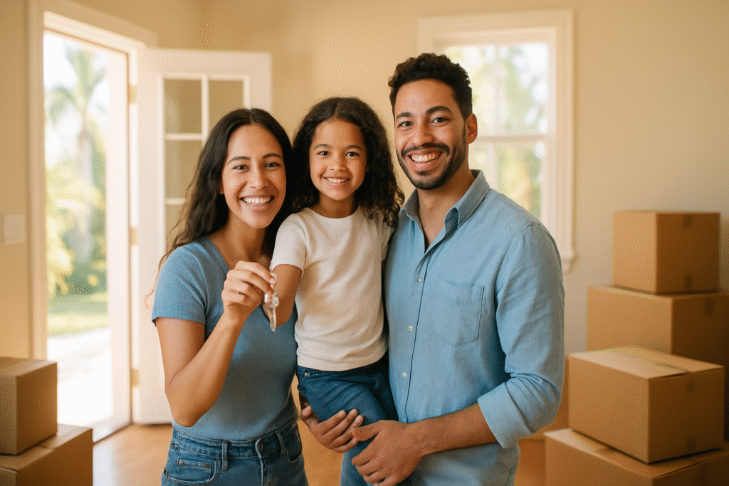 Excited Tampa family unpacking moving boxes in their new home after a professional move-in cleaning in Tampa