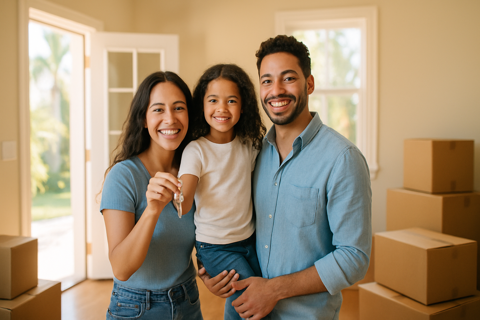 Excited Tampa family unpacking moving boxes in their new home after a professional move-in cleaning in Tampa