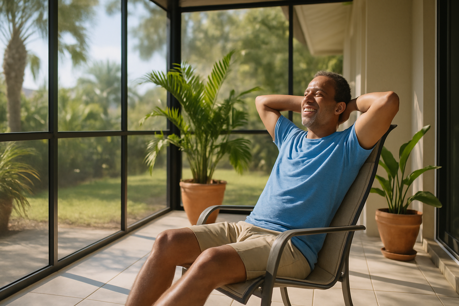 Tampa homeowner enjoying a freshly cleaned screened lanai porch after move-in cleaning service