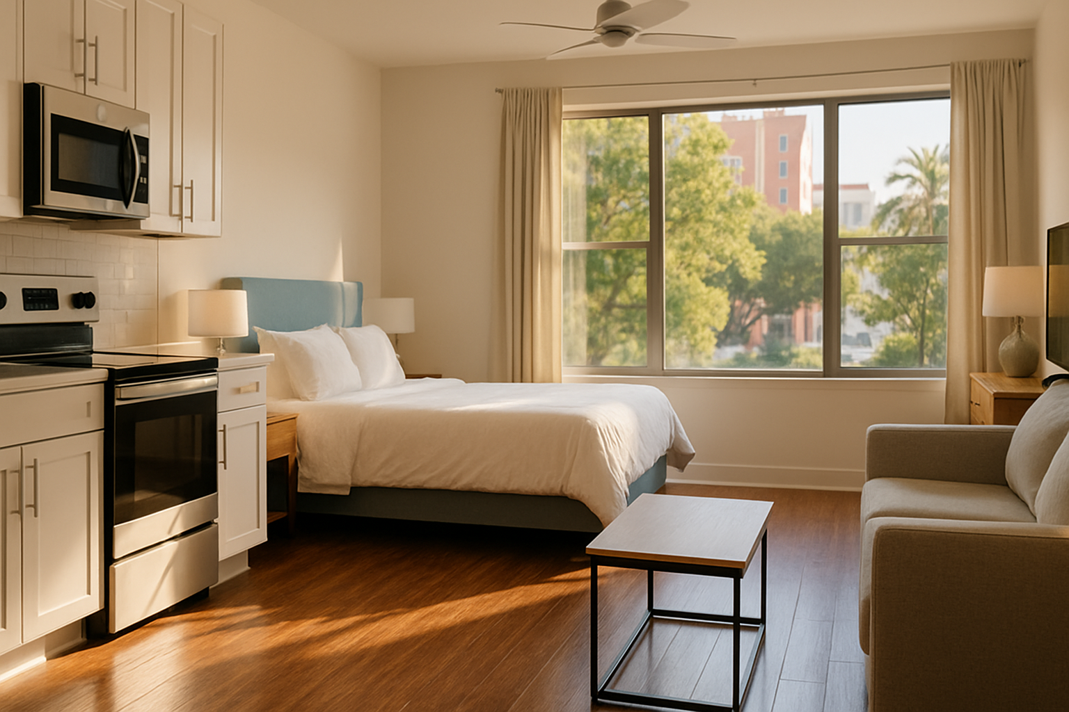 Freshly cleaned compact Tampa studio apartment with gleaming floors and natural light — apartment cleaning Tampa by FG7 Cleaning