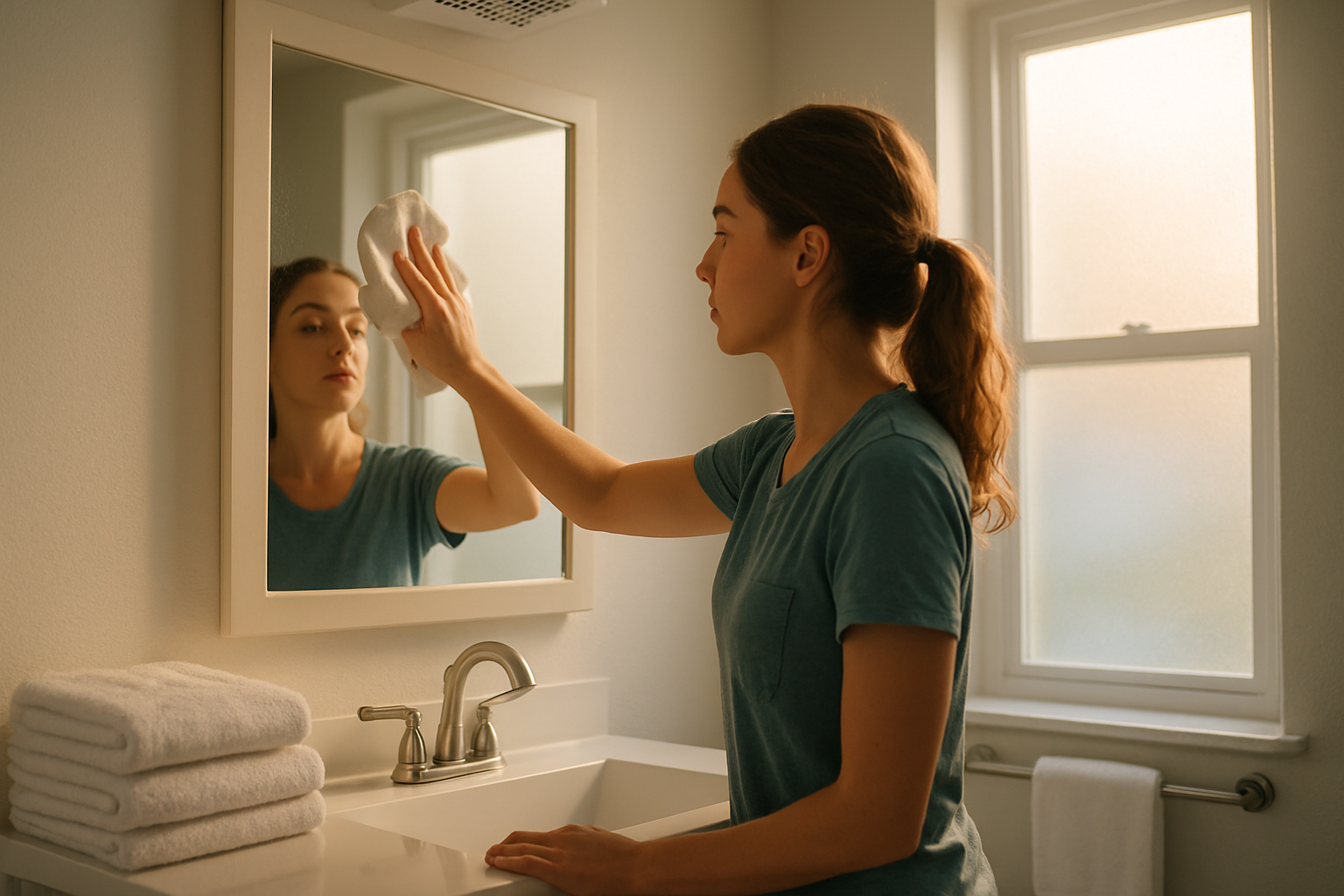 Woman wiping down a bathroom vanity mirror during an apartment deep clean in a bright Tampa condo