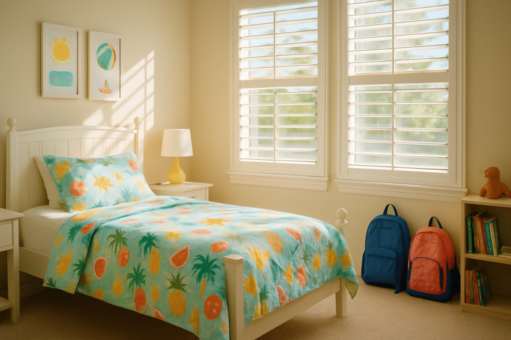 Organized kids' bedroom in a Tampa home after end of school cleaning Tampa, ready for a fresh summer break