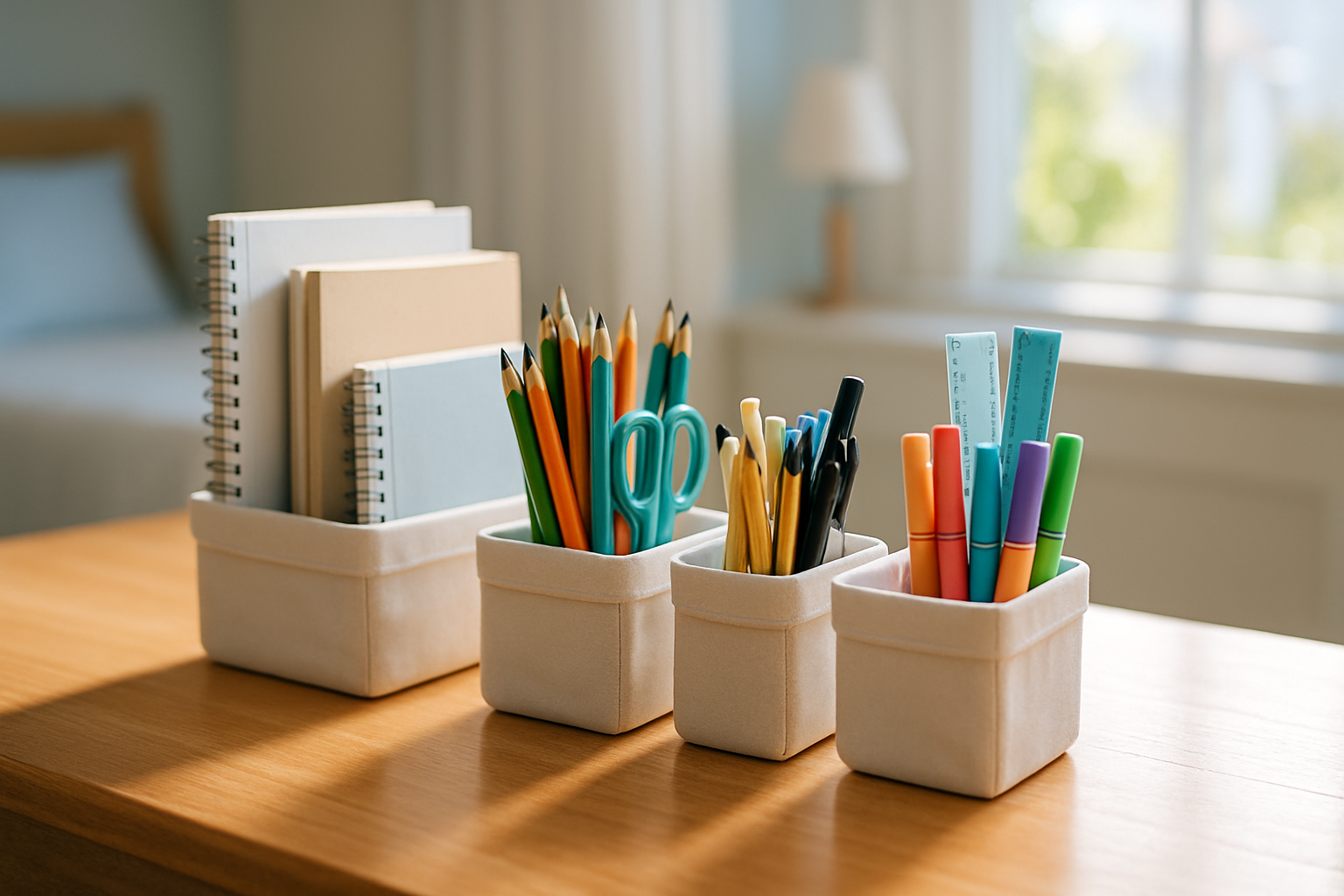 Close-up of a freshly cleaned and sorted child's desk with labeled school supply containers after a Tampa home deep clean