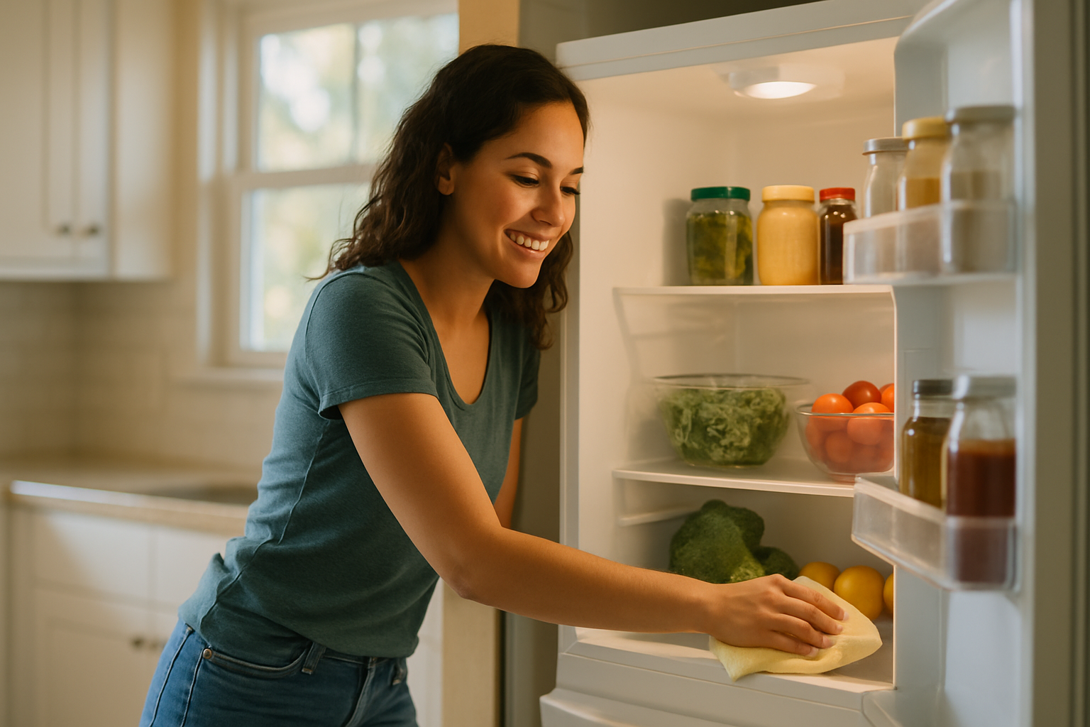Woman sanitizing the interior of a refrigerator in a bright Tampa kitchen during an end-of-school deep clean