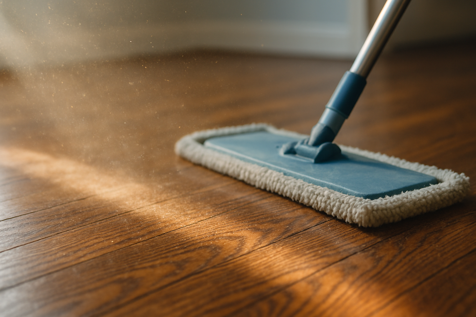Close-up of vintage hardwood floor being cleaned with microfiber mop in a Tampa home during pollen season