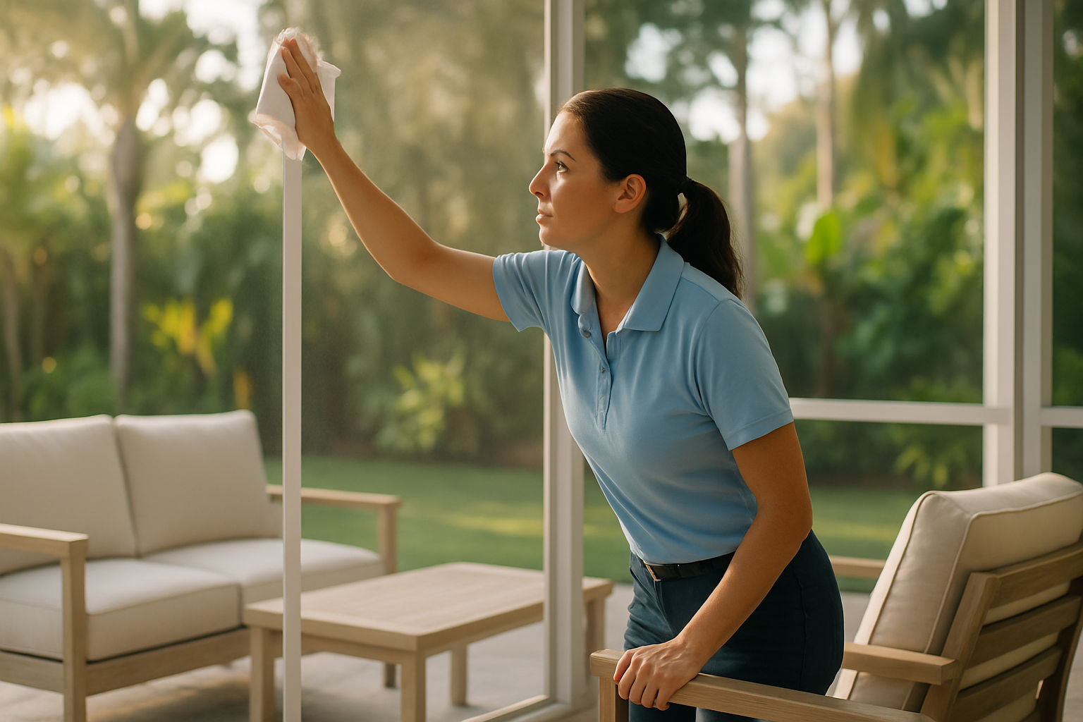 FG7 Cleaning professional wiping down a screened lanai in a South Tampa home on a sunny Florida afternoon