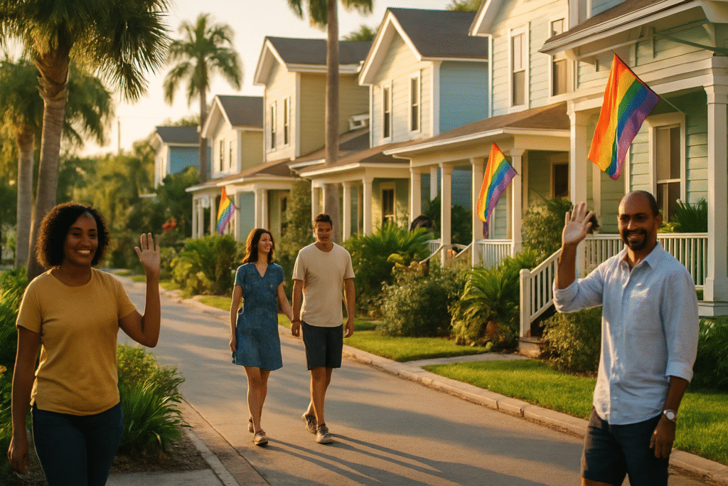 Sunny St. Petersburg Florida neighborhood with rainbow flags celebrating LGBTQ+ friendly cleaning service Tampa community pride