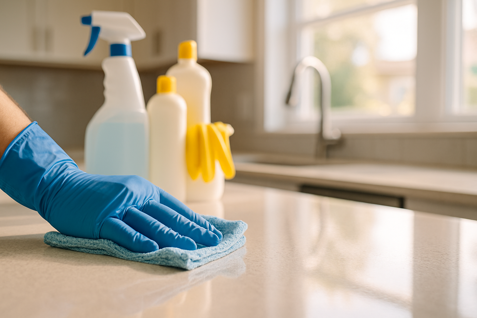 Professional cleaner wiping kitchen countertop in a Tampa home demonstrating detail-oriented inclusive cleaning service