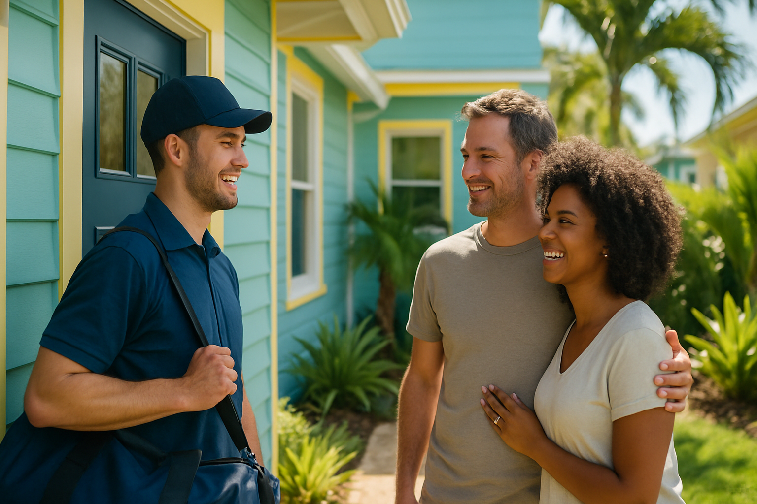 Friendly FG7 Cleaning team member welcomed at the door of a Tampa Bay home by a happy diverse couple on a sunny day