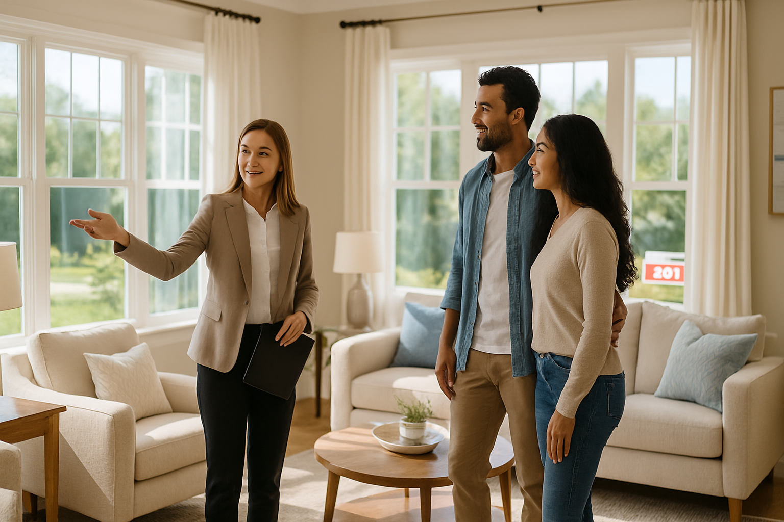 Tampa realtor showing a pristine staged home to buyers with a sold sign outside — realtor cleaning service Tampa by FG7 Cleaning
