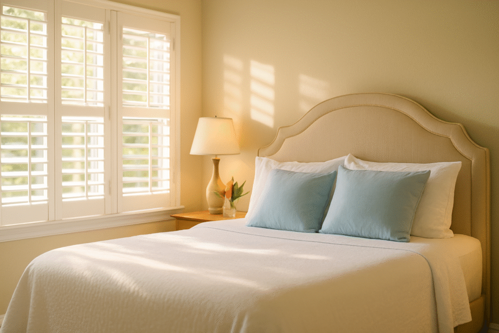 Welcoming guest bedroom in a Tampa home with fresh white linens, sunlight, and tropical flowers — guest ready home Tampa