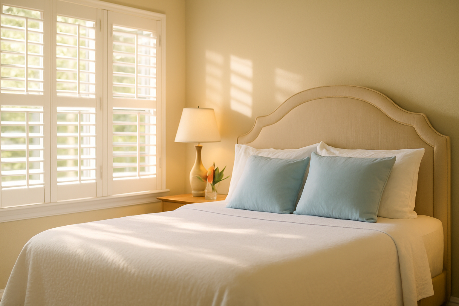Welcoming guest bedroom in a Tampa home with fresh white linens, sunlight, and tropical flowers — guest ready home Tampa