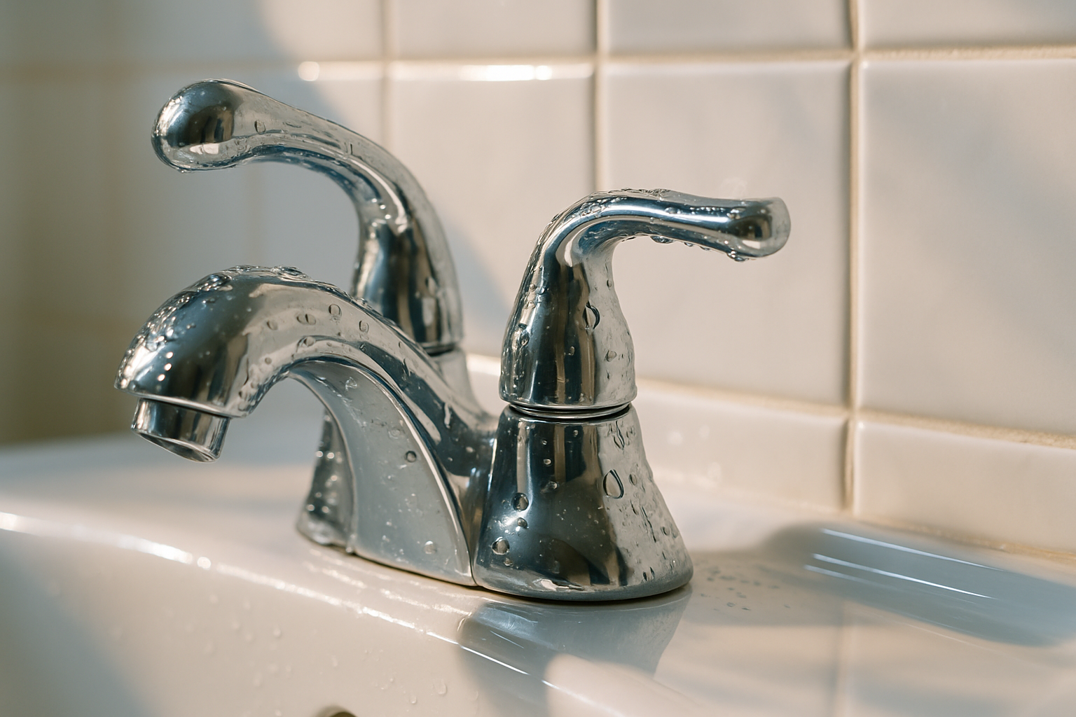 Close-up of a spotless bathroom faucet and clean white grout tiles in a Tampa home prepared for out-of-town guests