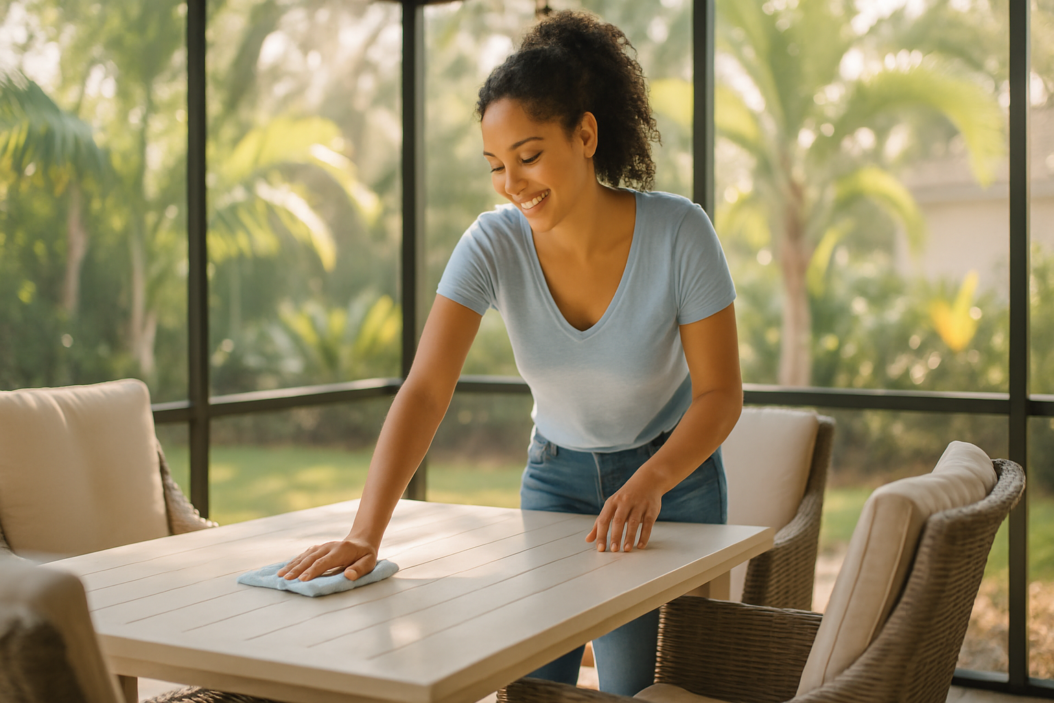 Woman cleaning patio furniture on a screened lanai in Tampa, preparing outdoor space for arriving guests