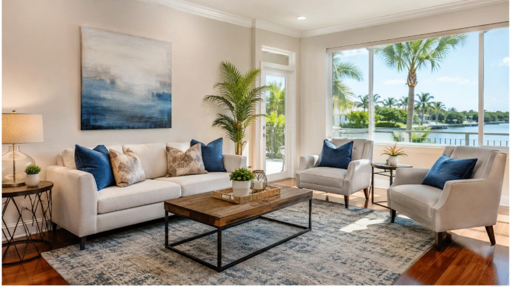 Bright staged Tampa living room with polished floors and natural sunlight prepared for a pre-listing cleaning Tampa real estate photo shoot
