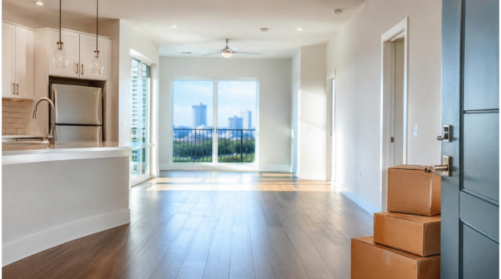 Empty spotless apartment after professional apartment move-out cleaning in Tampa, moving boxes by door, bright natural Florida sunlight