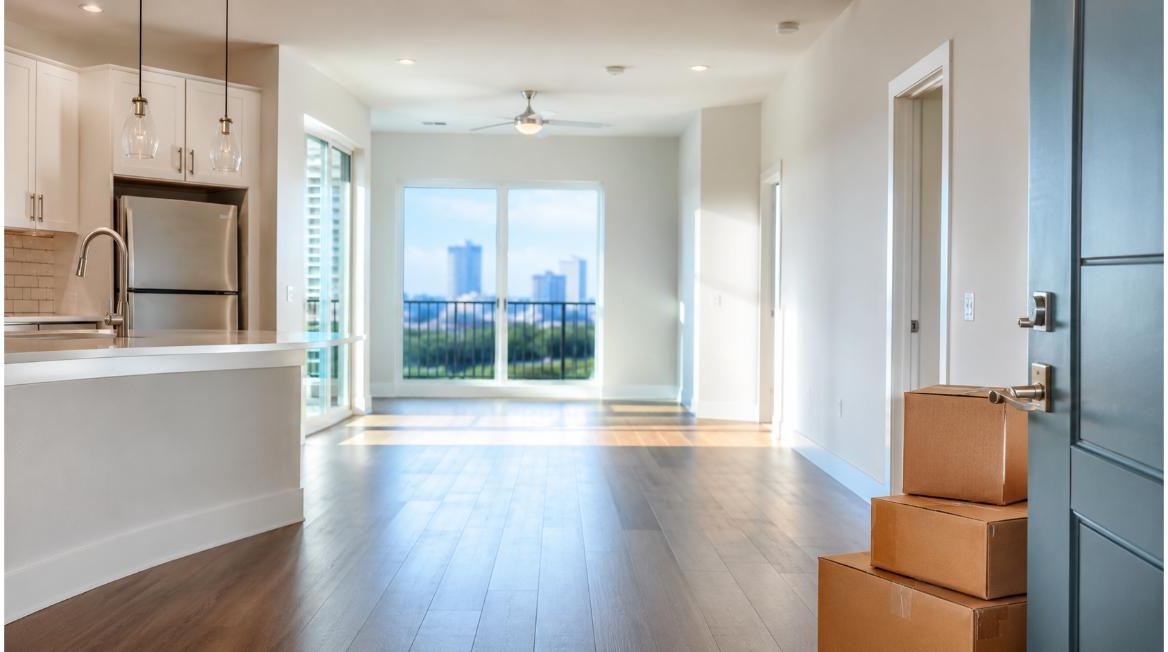 Empty spotless apartment after professional apartment move-out cleaning in Tampa, moving boxes by door, bright natural Florida sunlight
