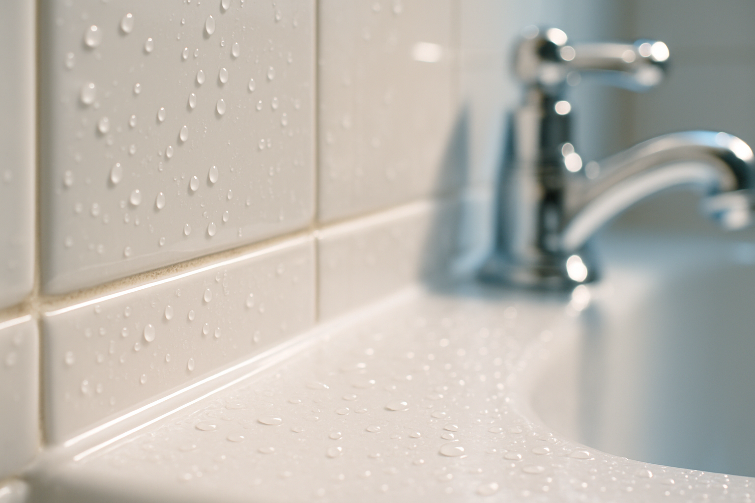 Close-up of freshly scrubbed bathroom tile grout and gleaming faucet in a Tampa apartment after move-out deep clean