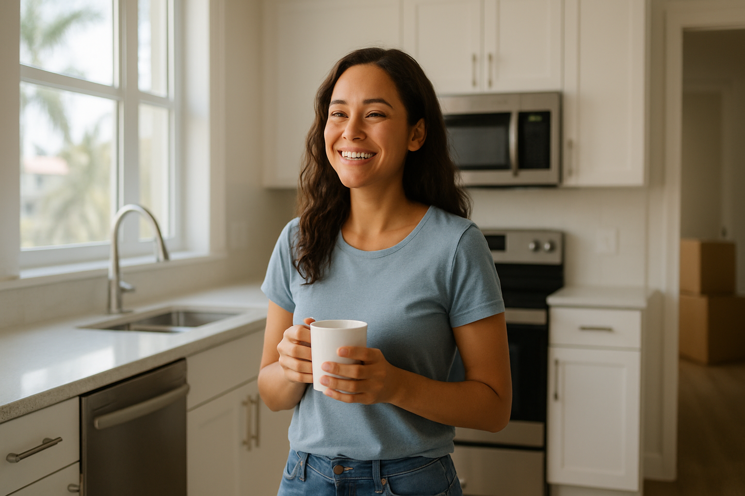 Relieved woman in clean Tampa Bay apartment kitchen on move-out day, bright sunlight through window, spotless countertops