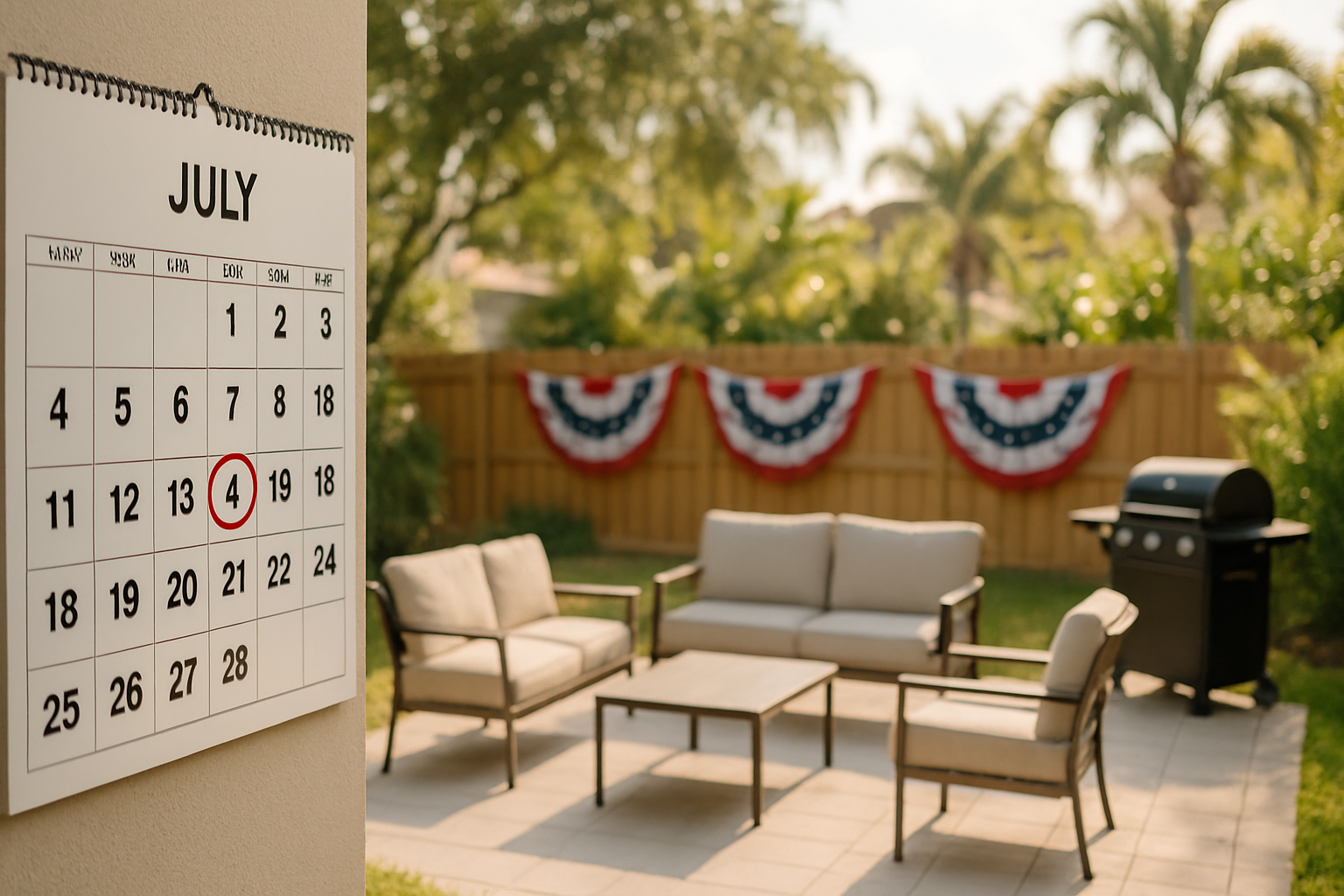 Countdown calendar with July 4 circled in a clean Tampa home backyard set up for a patriotic BBQ celebration