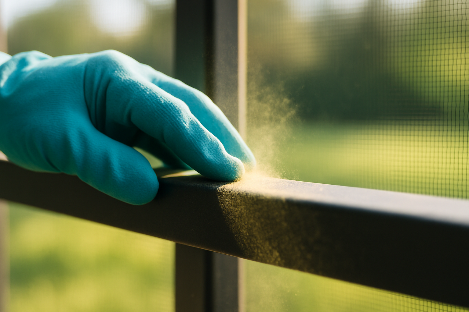 Close-up of a professional cleaner wiping down a screened lanai rail in a Tampa home, removing summer pollen buildup before the holiday