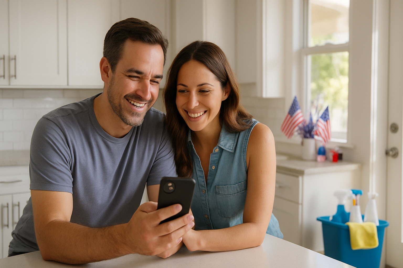 Tampa homeowners booking a last-minute cleaning appointment on their phone in a freshly cleaned kitchen ready for Fourth of July guests
