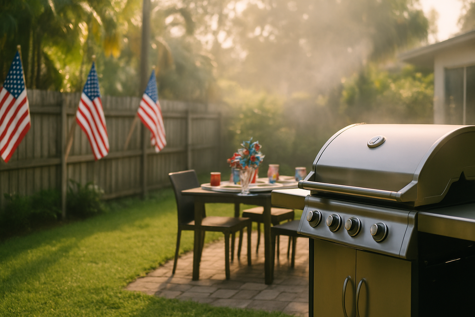Tampa backyard decorated for July 4th with flags and a clean grill — a post July 4 cleanup Tampa moment waiting to happen