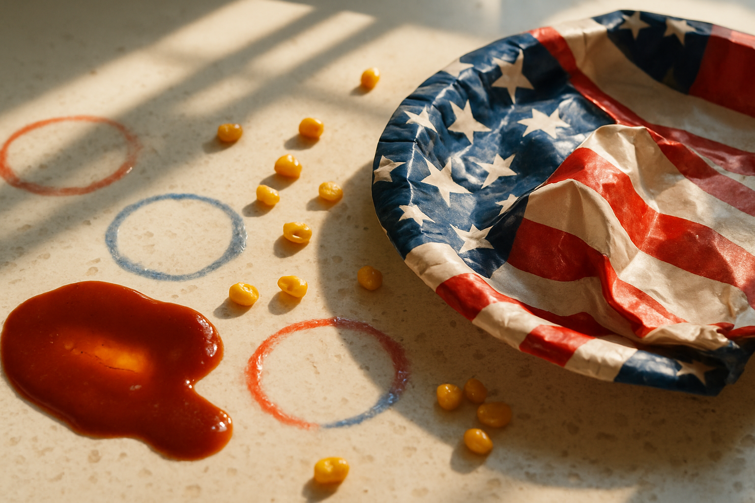 Close-up of a messy Tampa kitchen counter after a Fourth of July party, showing sticky spills and food debris in morning light