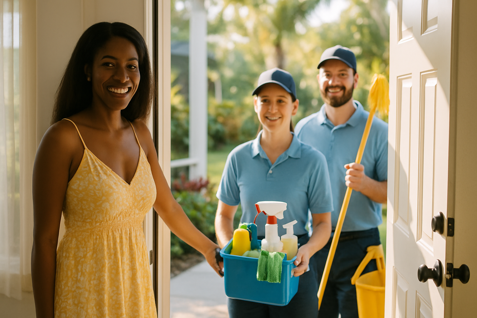 Tampa homeowner greeting a professional cleaning crew at the front door on the morning of July 5th after a holiday celebration