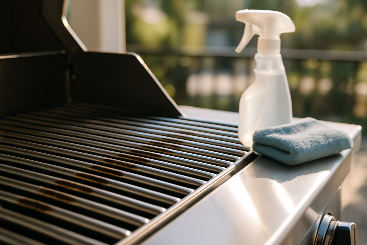 Close-up of a freshly cleaned gas grill grate with degreaser spray bottle on a Tampa backyard patio before a July 4th cookout