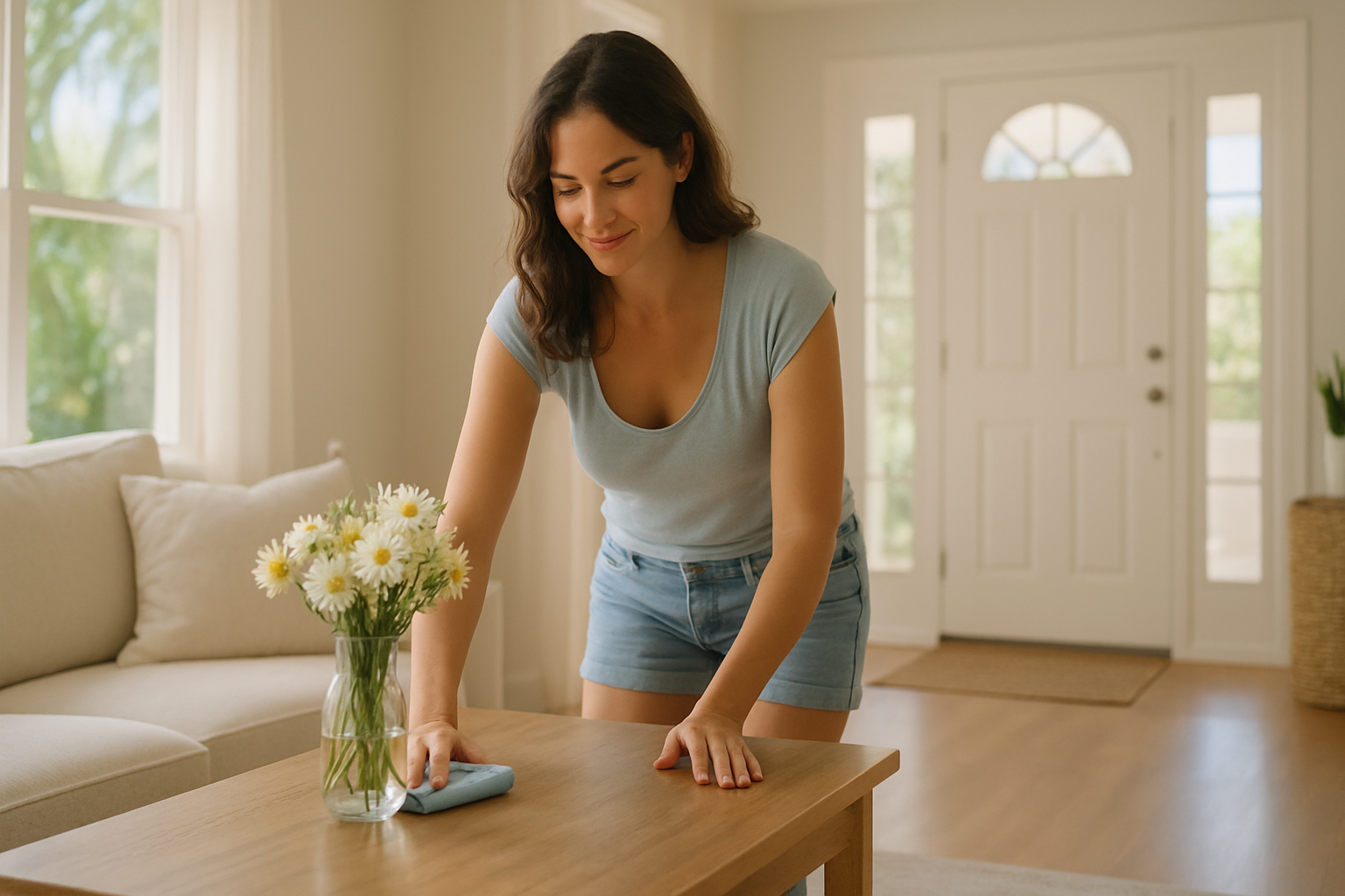 Woman wiping down a coffee table in a bright Tampa home living room while preparing for a Fourth of July party