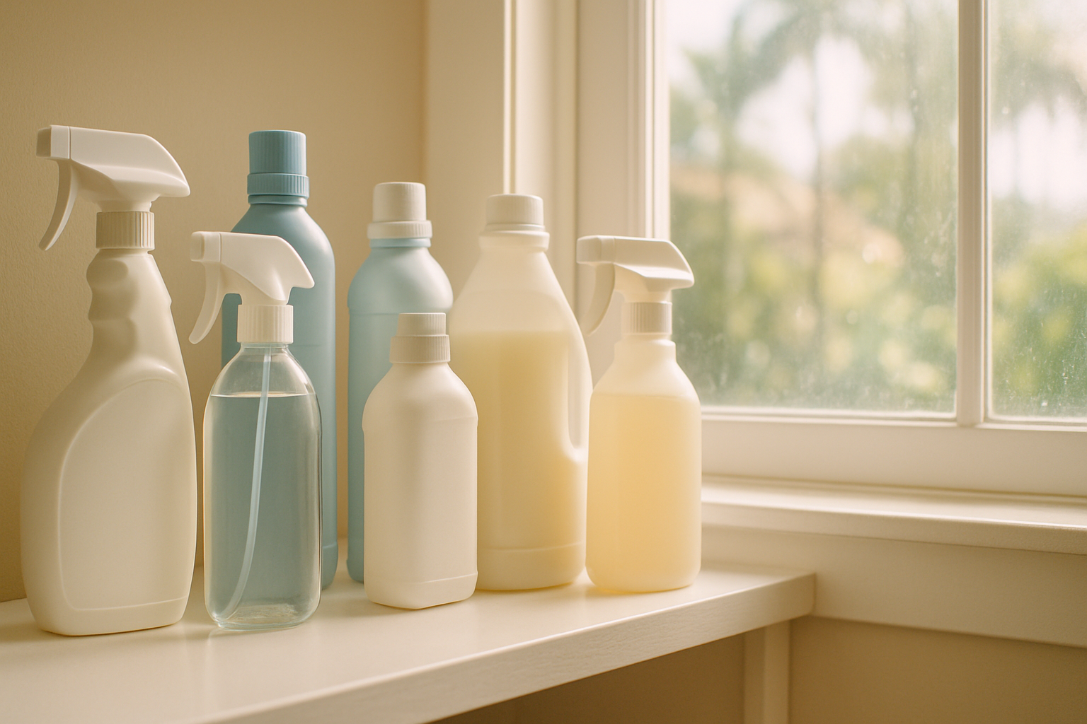 Curated shelf of the best cleaning products for Tampa humidity tested in a bright Florida home laundry room