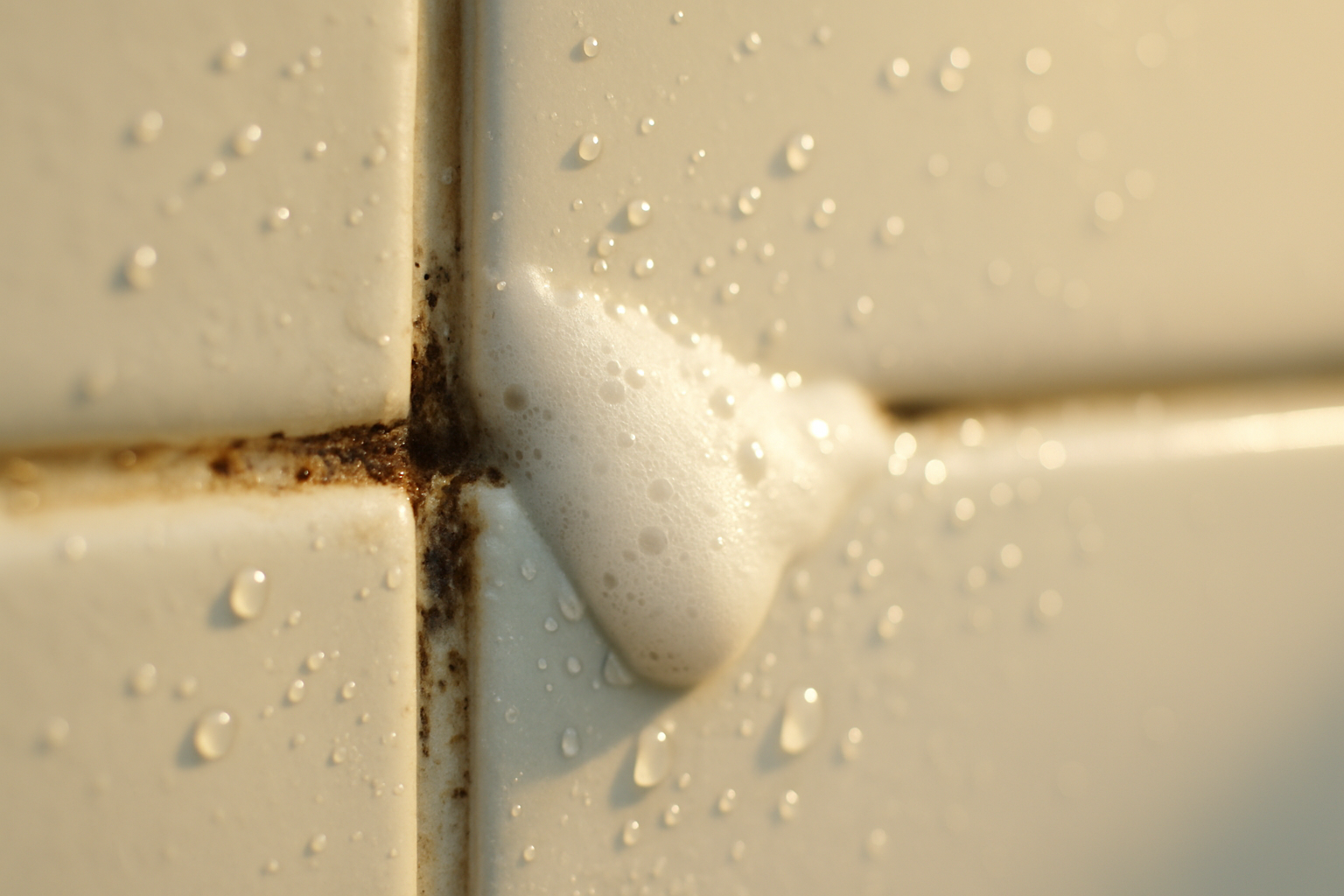 Close-up of bathroom tile grout being treated with mold-fighting cleaner in a Tampa home bathroom