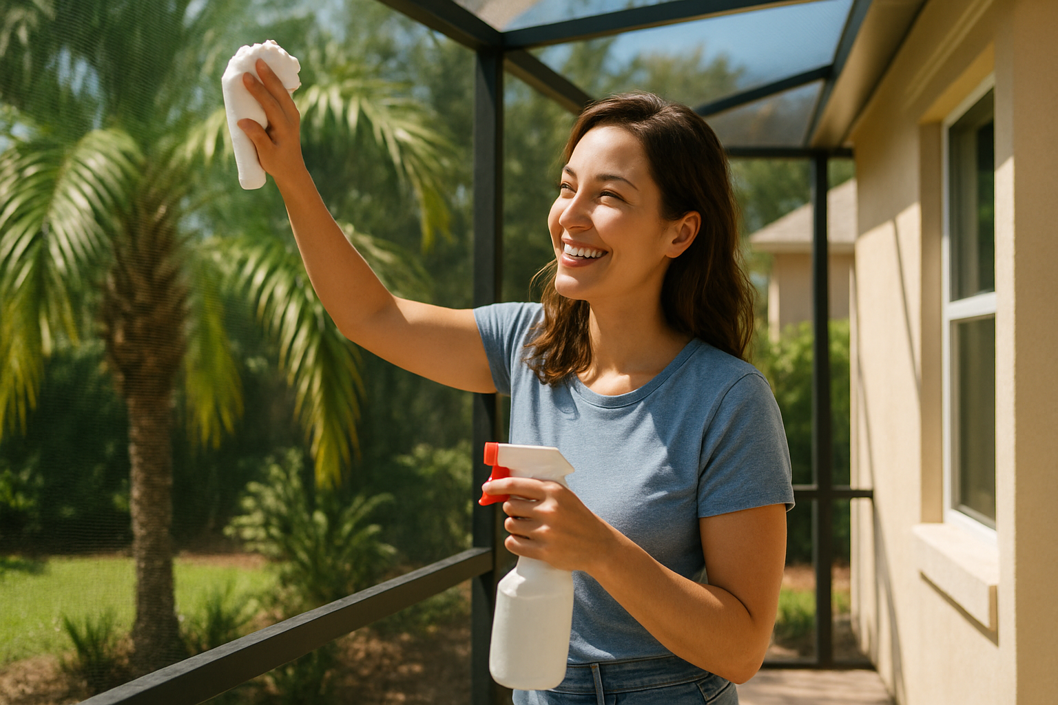 Homeowner cleaning a Tampa Bay screened lanai on a sunny Florida day with palm trees in the background