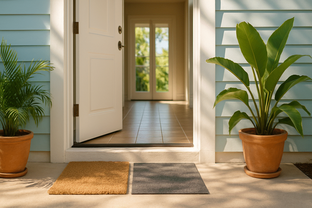 Sand-trap doormat at a clean Tampa beach home entryway illustrating beach home cleaning Tampa Bay best practices