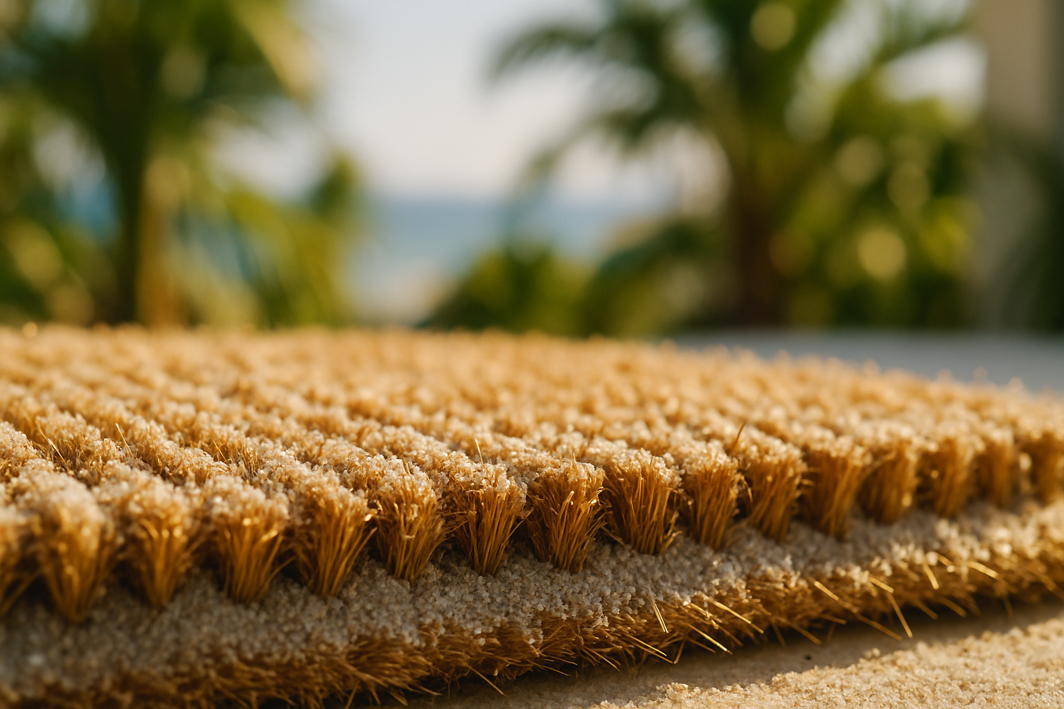 Close-up of coarse doormat bristles trapping fine white beach sand at a coastal Florida home entry